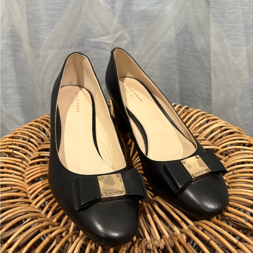 Cole Haan Tali Black Block Herls with Gold Bow Detail
